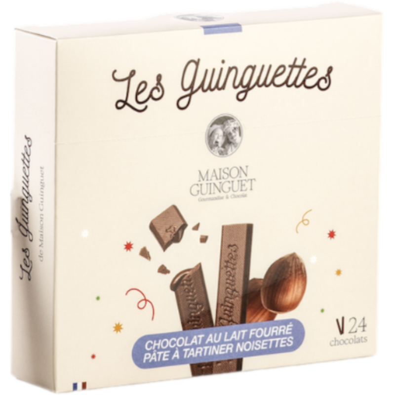 Les Guinguettes : 24 fins bâtonnets en chocolat au lait fourrés pâte à tartiner noisette
