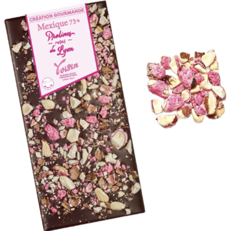 Tablette création gourmande : chocolat noir du Mexique 73% et éclats de pralines roses de Lyon