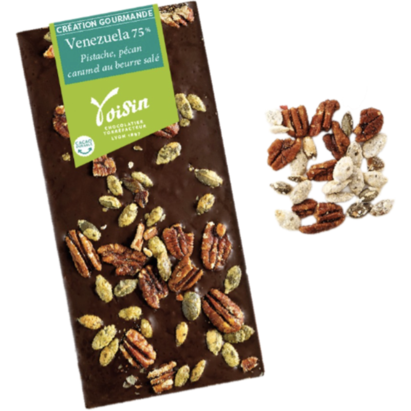 Tablette création gourmande : chocolat noir du Venezuela 75%, éclats de caramel au beurre salé et noix de pécan – L'accord parfait sucré-salé