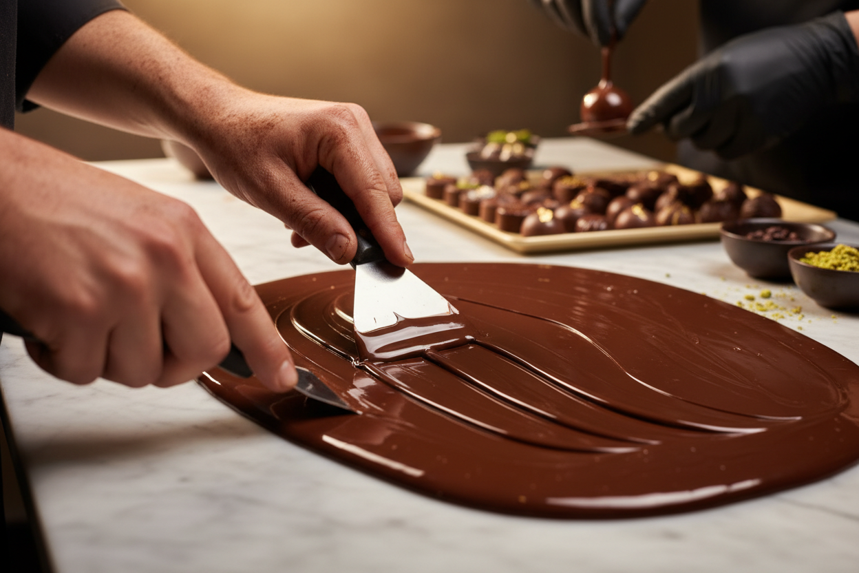 Gros plan mains chocolatier