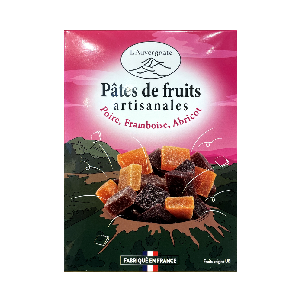 Étui de pâtes de fruits artisanales L'Auvergnate poire, framboise et abricot, 180 g