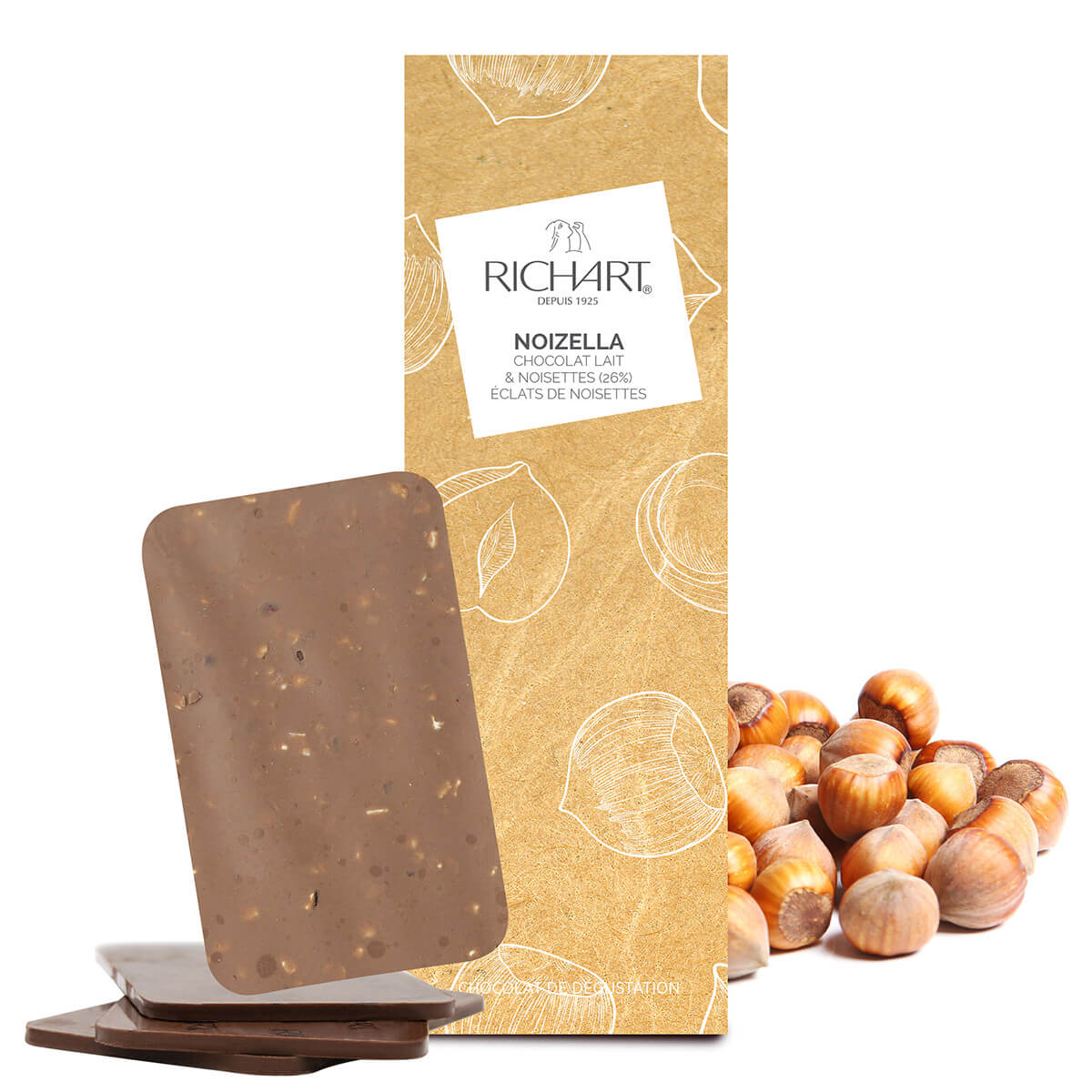 Tablette-écrin Noizella (chocolat au lait-noisettes et éclats de noisette)