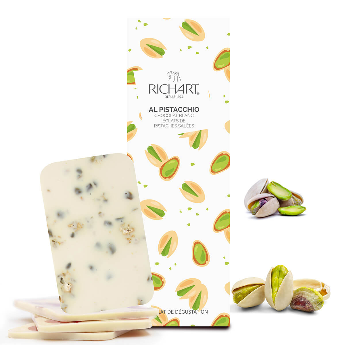 Tablette-écrin Al pistacchio (chocolat blanc aux éclats de pistaches salées)