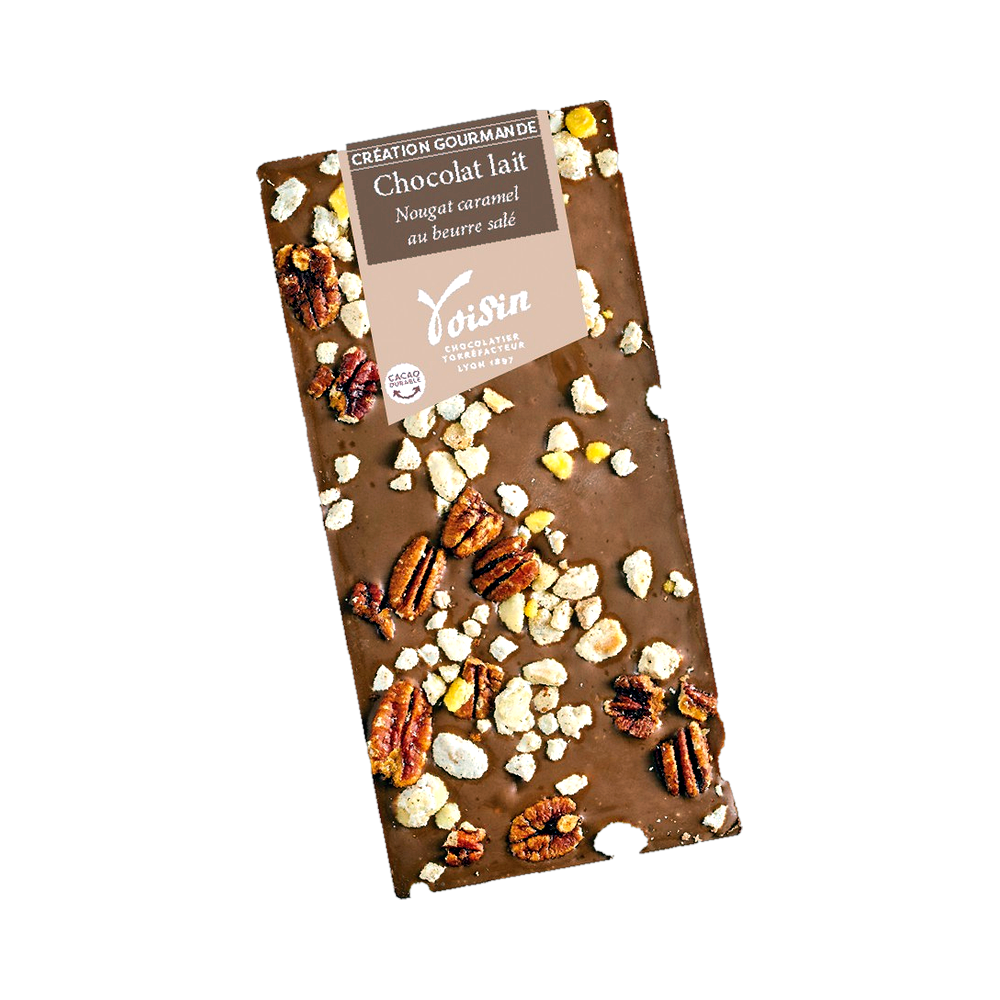 Tableta Création Gourmande : chocolate con leche, trozos de turrón, caramelo a la mantequilla salada y nueces pecana