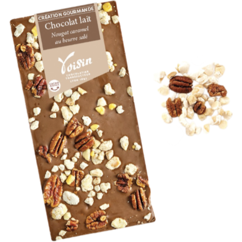 Création Gourmande bar: milk chocolate, nougat pieces, salted butter caramel and pecan nuts