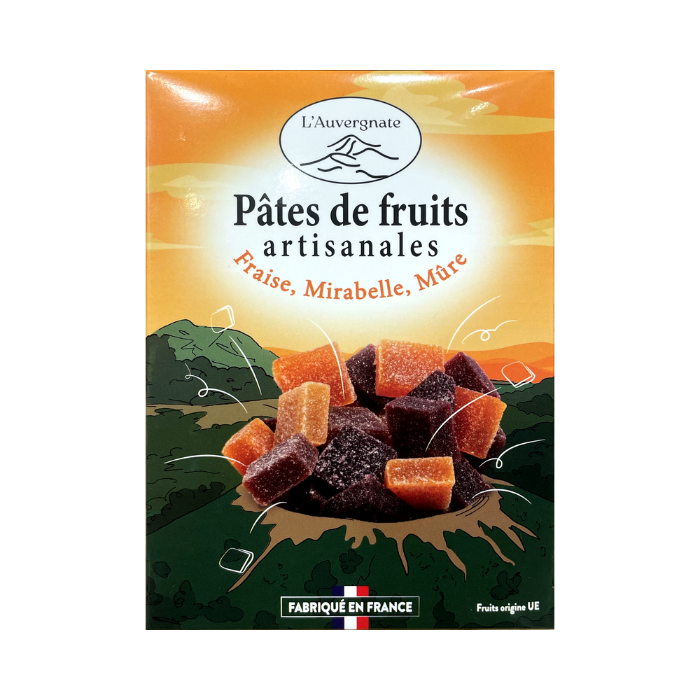Étui de pâtes de fruits artisanales L'Auvergnate fraise, mirabelle et mûre, 180 g