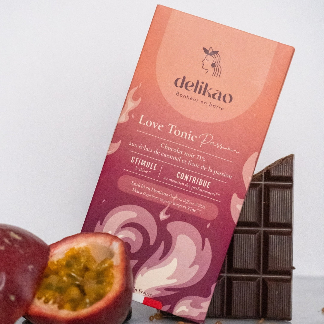 Tablette Delikao Love Tonic Passion chocolat noir 71% caramel fruit de la passion