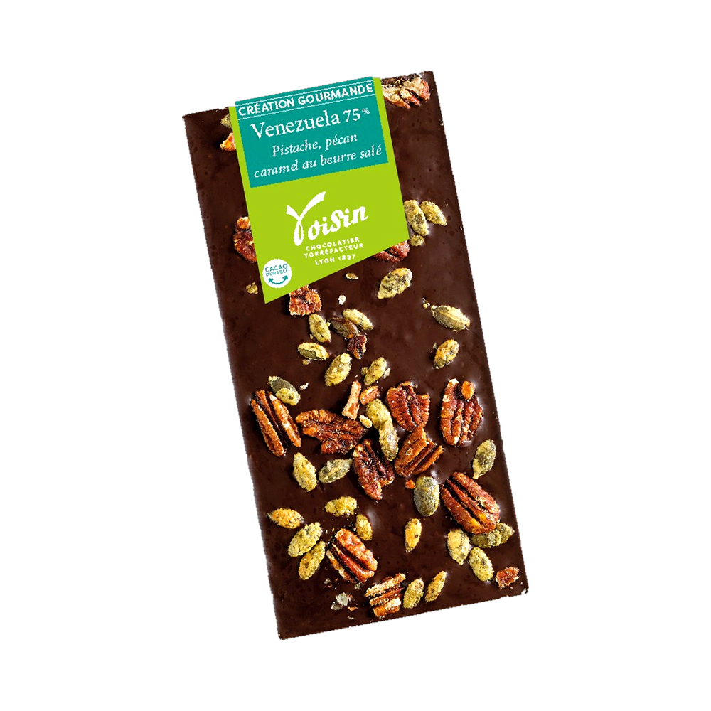 Tableta Création Gourmande : chocolate negro de Venezuela 75%, trozos de caramelo de mantequilla salada y nueces pecanas — El maridaje perfecto dulce-salado